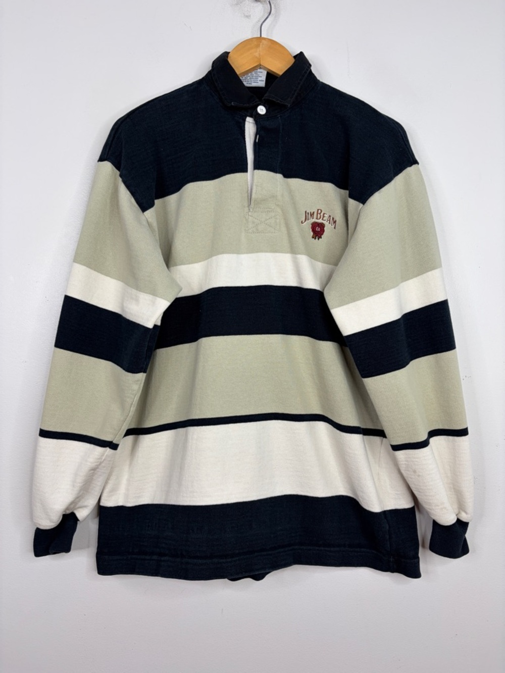 Barbarian Rugby Shirt Mens XL Long Sleeve Polo Black Tan Jim Beam Whiskey Shirt